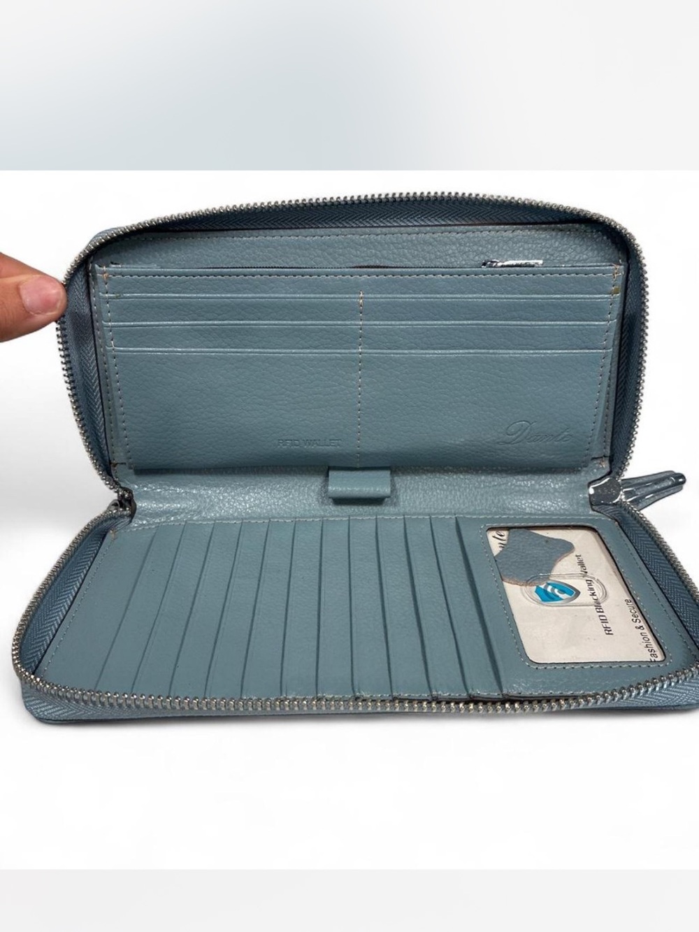 Zip-Around Leather Card Wallet in Dusty Blue DANTE NEW